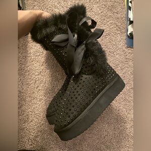 Dollskill Black Faux Fur Studded Winter Boot with Ribbon Laces